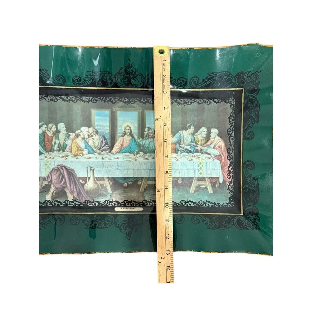 Vintage Last Supper‎ Serving Tray Wall Hanging 19x13 Green Gold MCM Decor